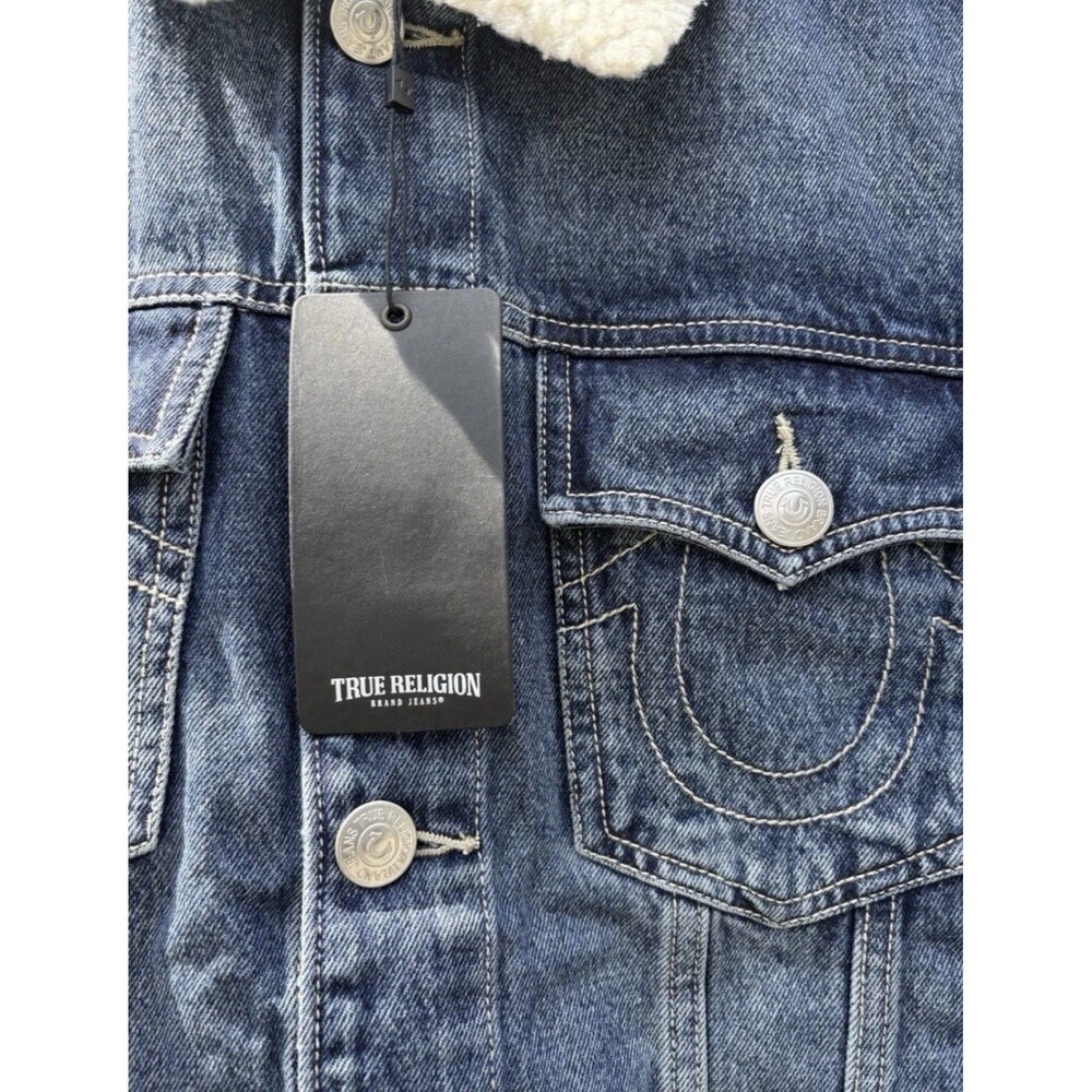 True Religion Sherpa Collar Denim Blizzard Wash Western Trucker Jacket Large - Picture 2 of 7